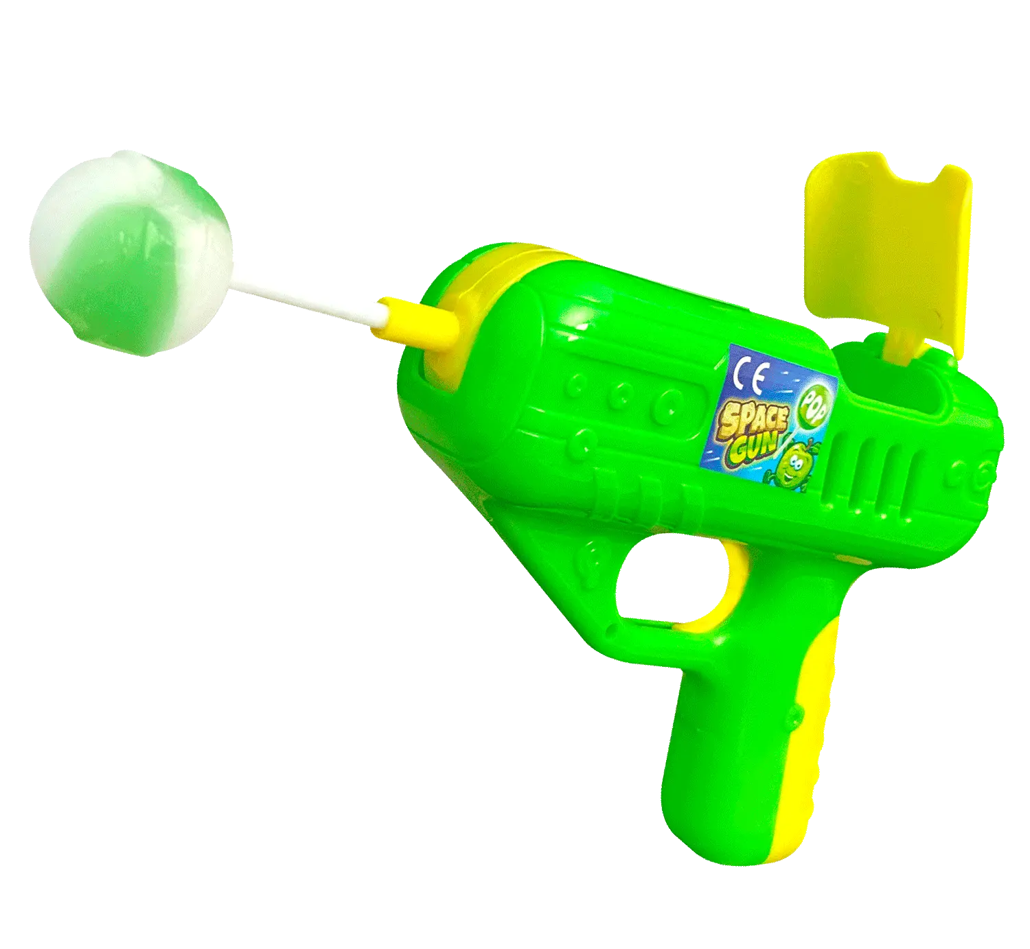 Eine grüne Wasserpistole, aus deren Spitze blaue und gelbe Blasen geschossen werden.