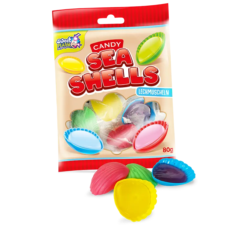 Bunte S&uuml;&szlig;igkeiten in Muschelform, verpackt in einer 80g T&uuml;te.