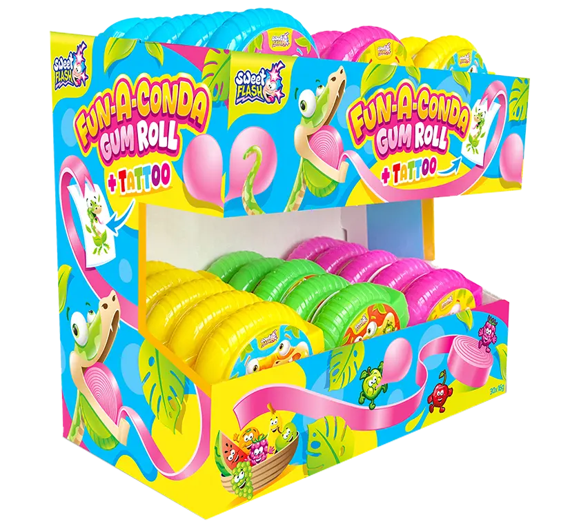 Bunte Verpackung von "Fun-A-Conda" Kaugummirollen mit Aufklebern, präsentiert in einem attraktiven Display.