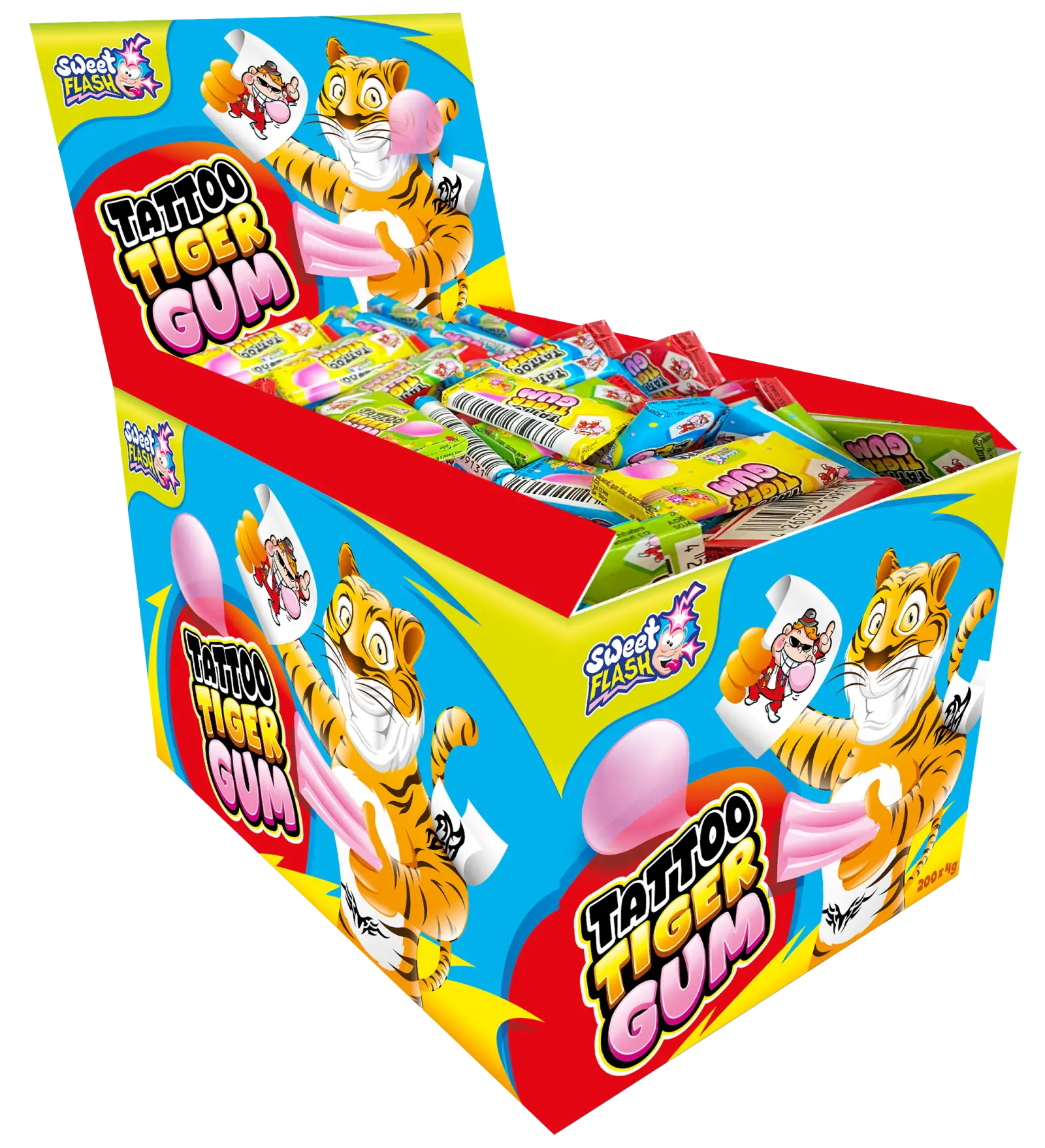 Eine bunte Verkaufsverpackung f&uuml;r "Tattoo Tiger Gum" mit einem cartoonhaften Tiger, der Kaugummi und tempor&auml;re Tattoos zeigt.