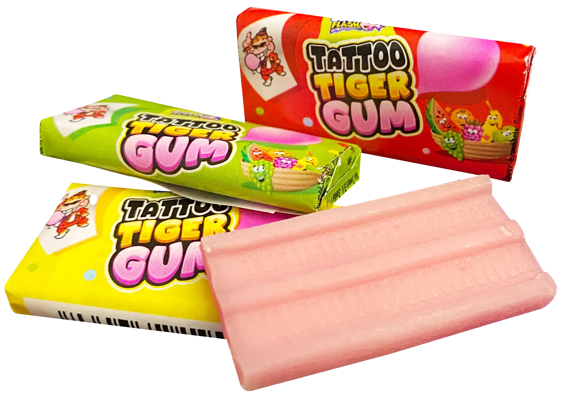 Tattoo Tiger Gum: Drei Verpackungen mit Kaugummi in verschiedenen Geschmacksrichtungen, eine pinke Kaugummischeibe und bunte Designs.