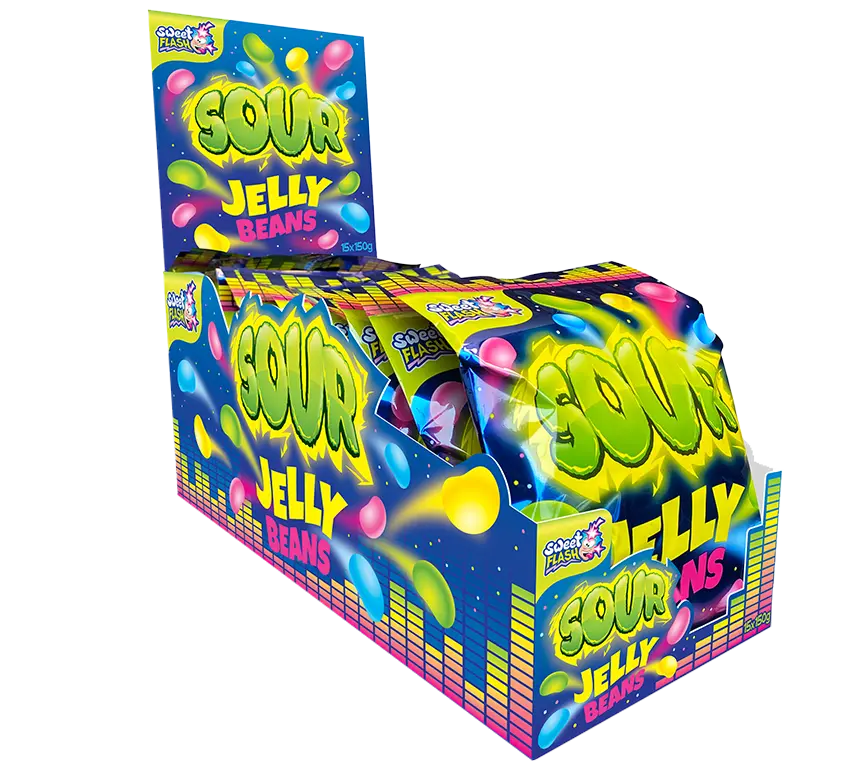 Eine Verpackung mit sauren Geleebohnen in bunten Farben, mit dem Schriftzug „SOUR JELLY BEANS“.