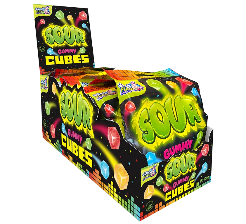 Bunte Verpackung mit "SOUR GUMMY CUBES" in leuchtenden Farben, die säuerliche Gummiwürfel anzeigen.