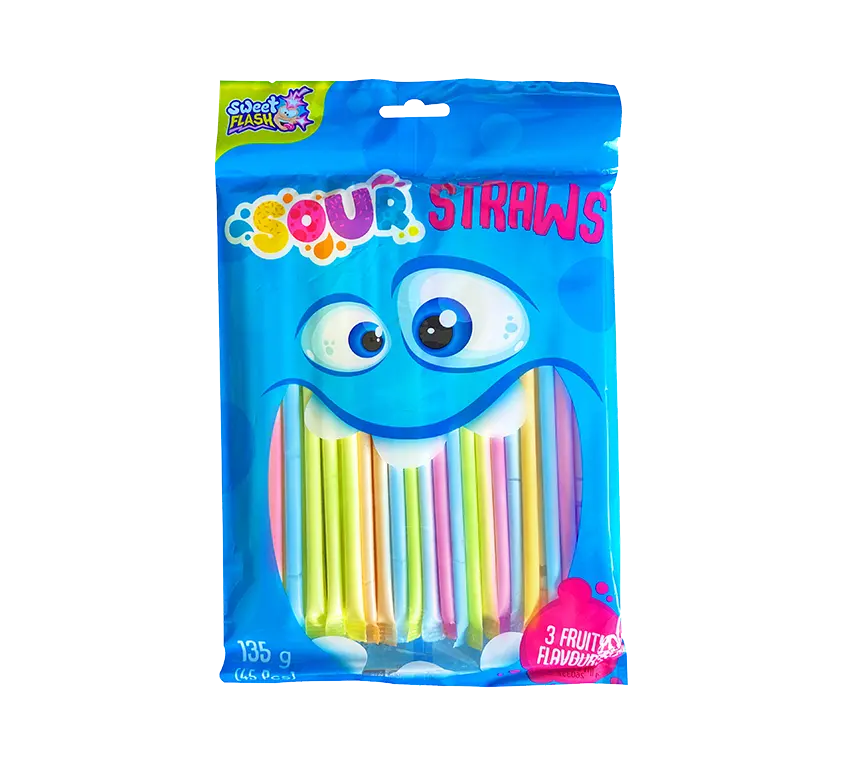 Verpackung mit sauren Trinkhalmen in verschiedenen Farben, 135 g.