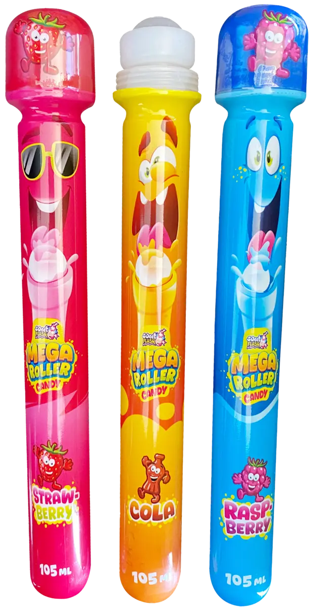 Drei farbige Candy-Roller mit verschiedenen Geschmäckern: Erdbeere, Cola und Himbeere. Jeder Roller hat eine lustige Cartoonfigur auf der Verpackung.
