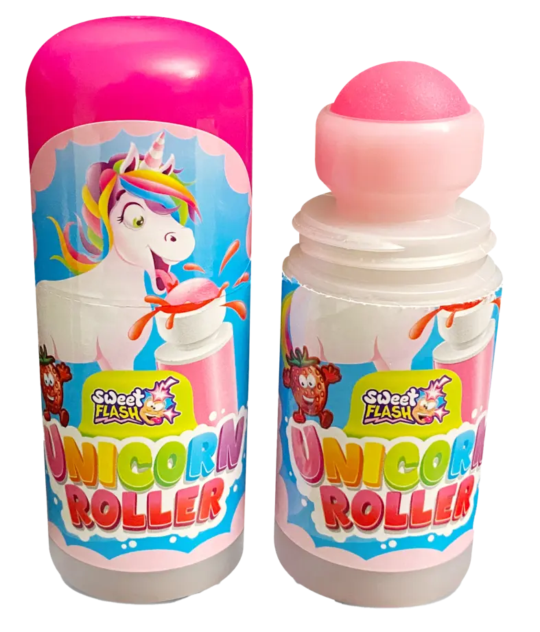 Rosa Verpackung mit Aufdruck eines Einhorns und der Aufschrift "Unicorn Roller". Inhalt in einer Flasche mit rollbarem Applikator.
