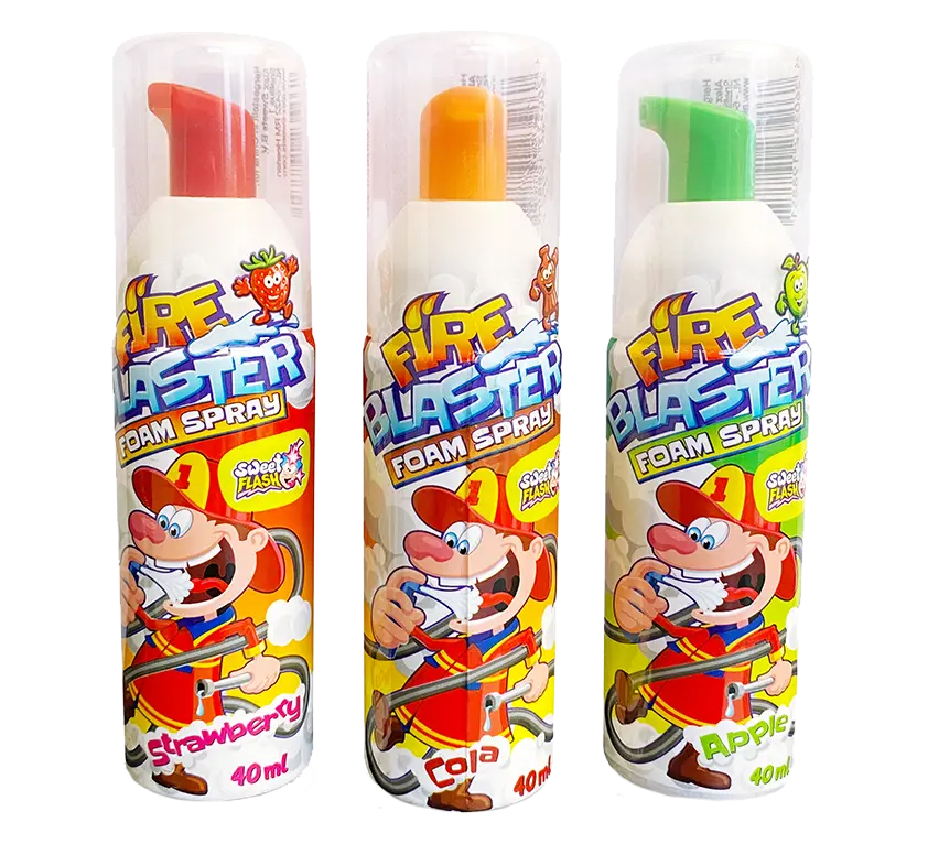 Drei Sprühdosen mit Schaum, Geschmacksrichtungen: Erdbeere, Cola und Apfel, je 40 ml. Bunte Verpackung mit cartoonhaften Figuren.