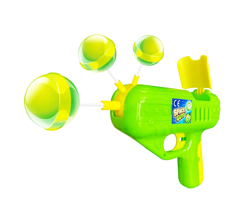 Eine grüne Wasserpistole, aus deren Spitze blaue und gelbe Blasen geschossen werden.