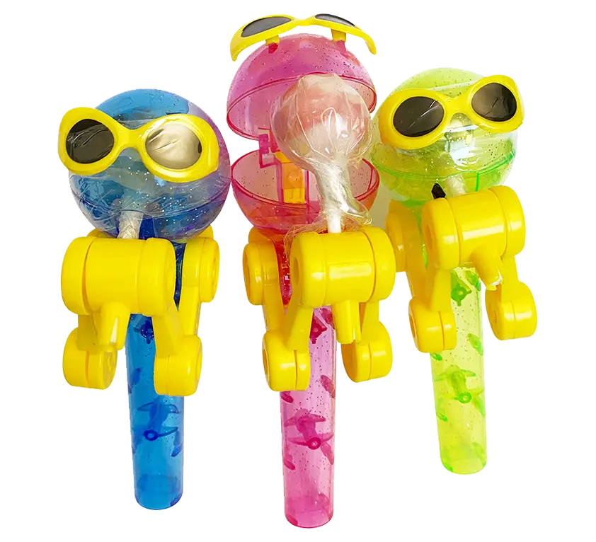 Drei bunte Lutscher in Form von Robotern mit gelben Sonnenbrillen, in blau, pink und grün.