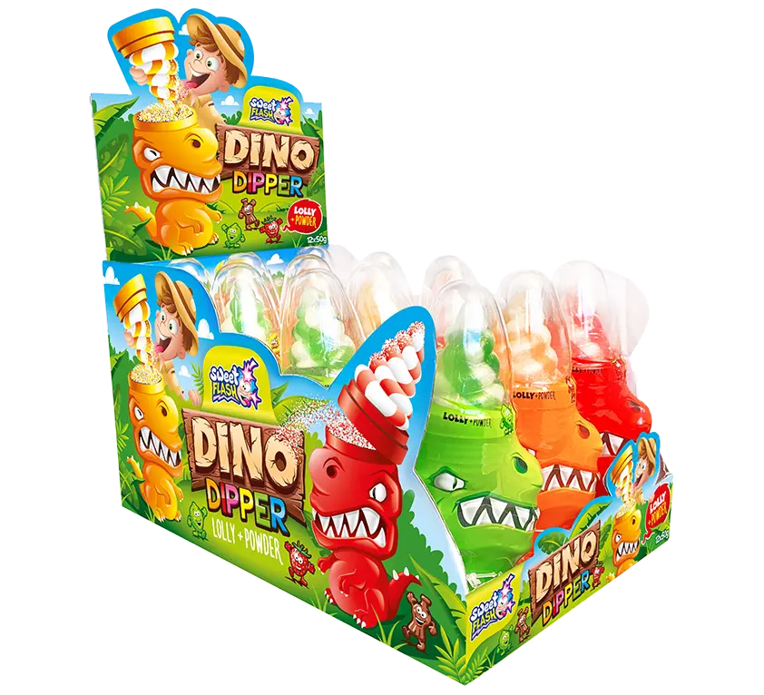 Ein Display mit "Dino Dipper" Lutschern in verschiedenen Farben und Geschmacksrichtungen, verziert mit Dinosaurier-Motiven.