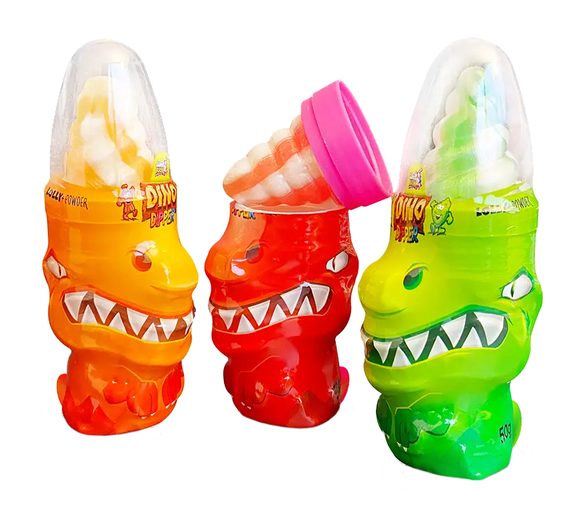 Drei bunte Becher in Dino-Form, gefüllt mit Luftschlangen und essbarem Pulver.