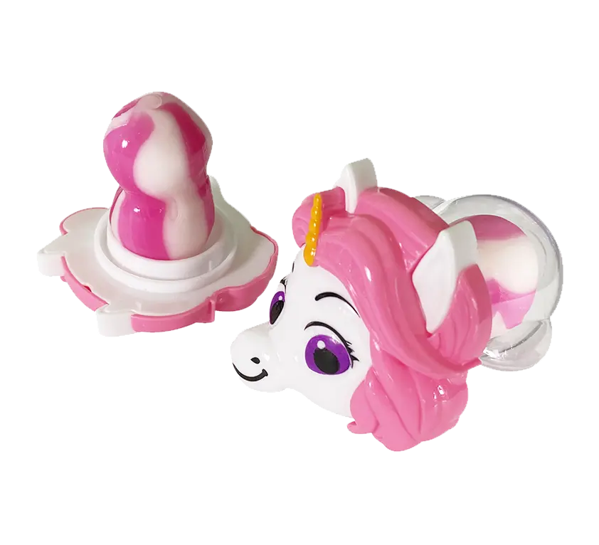 Ein rosa Einhorn mit abnehmbaren Teilen, bestehend aus einem Kopf und einem Körper.
