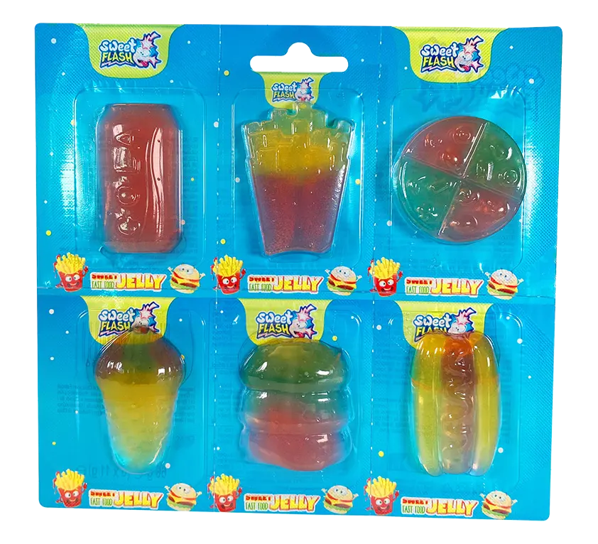 Bunte Gummisüßigkeiten in Form von Snacks, verpackt in einer blauen Blisterverpackung.