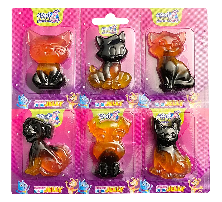 Gummiformen von Katzen und Hunden in verschiedenen Farben, verpackt auf einer bunten Karte.