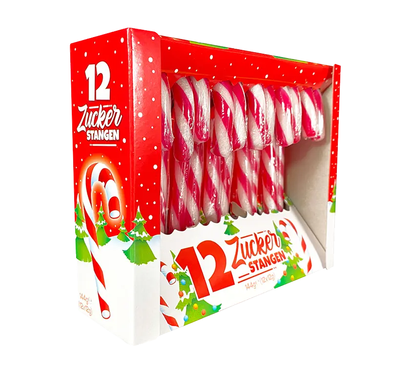 Ein Karton mit 12 Zuckerstangen in rot-weißer Streifenfarbe, verziert mit Weihnachtsmotiven.