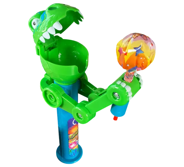 Grünes Spielzeug in Form eines Dinosauriers, der einen Lutscher hält.