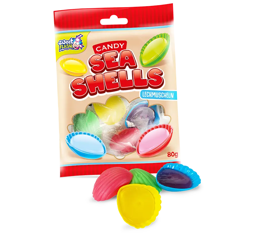Colorful shell-shaped candies, packaged in an 80 g bag.