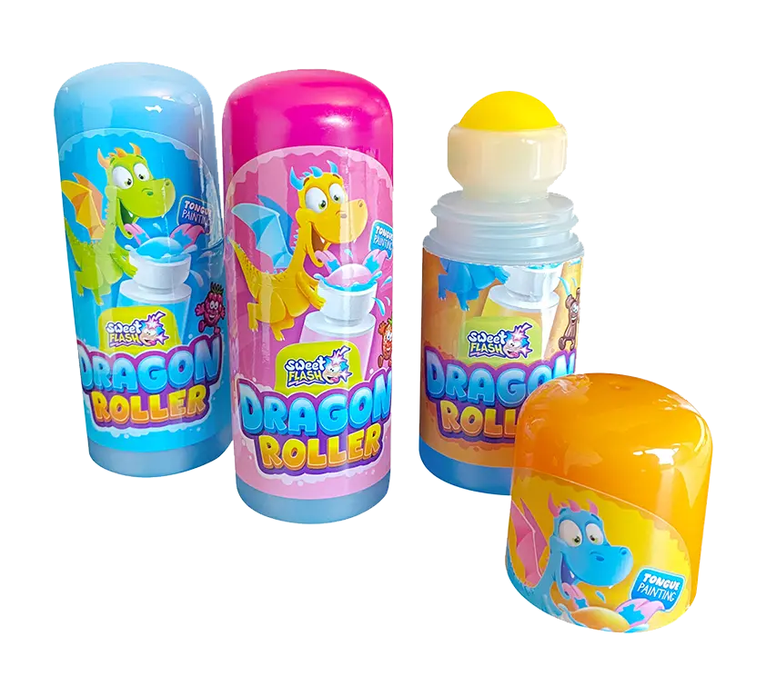 Three colorful paint rollers with dragon designs in blue, pink, and orange.