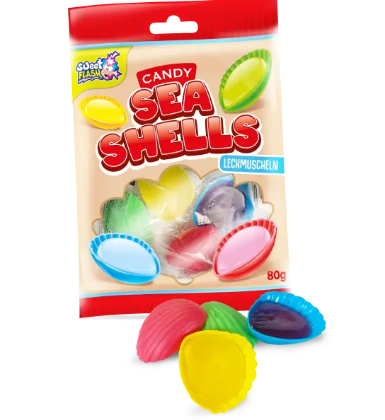 Caramelos de colores en forma de concha, envasados en una bolsa transparente con la inscripción "Sea Shells".