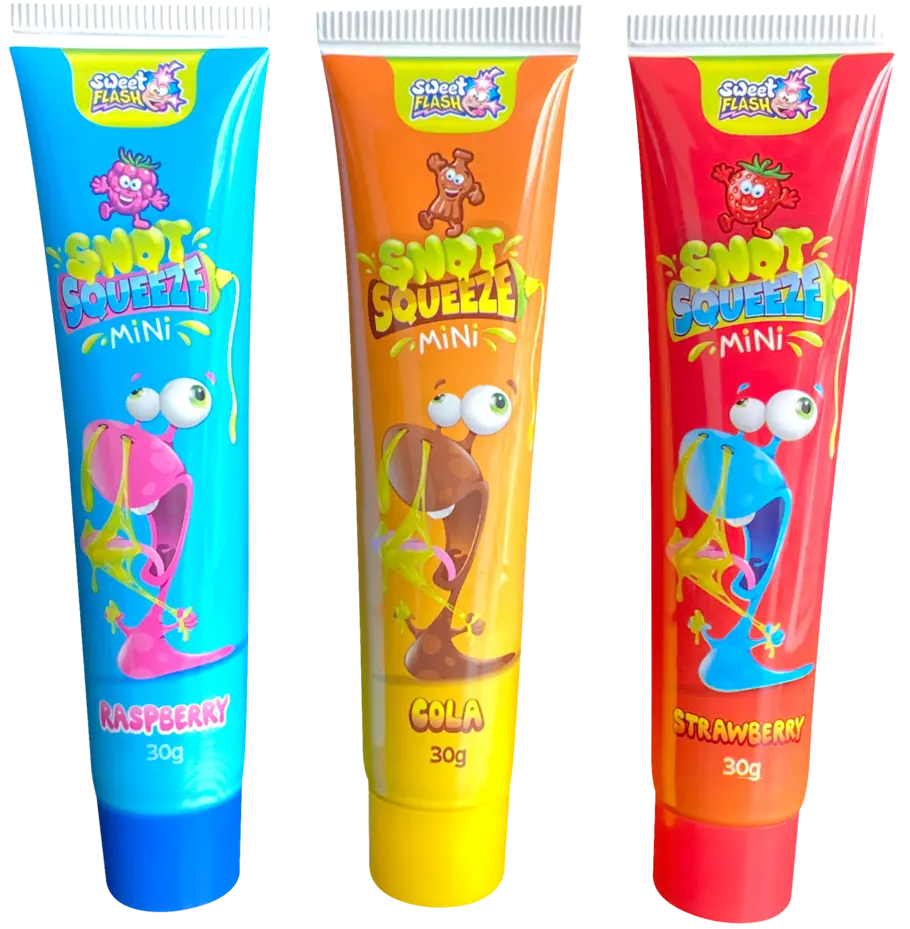 Tres coloridos tubos de caramelos exprimibles: Frambuesa, cola y fresa. Cada tubo tiene un divertido diseño con ojos y una comparación de colores.