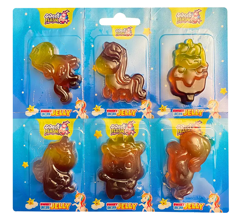 Seis coloridas figuras de gelatina de diferentes formas en un envase azul.