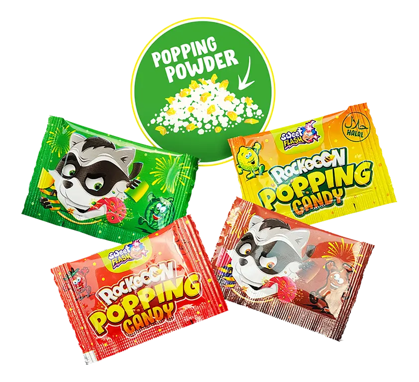 Colorido envase de Popping Candy con una referencia verde al "Polvo Popping".