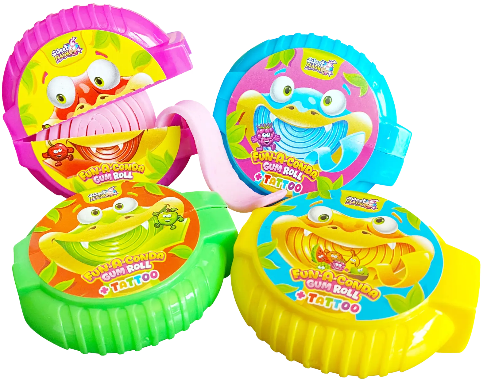 Emballages colorés de "Fun-a-Conda Gum Roll" avec des motifs cartoon joyeux et des rouleaux de chewing-gum en rose, bleu, vert et jaune.