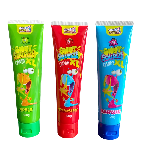 Trois tubes de squeeze-candy aux goûts pomme, fraise et framboise.