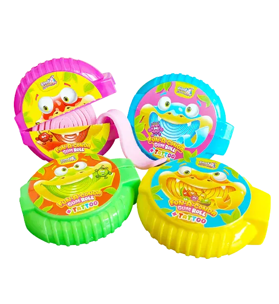 Emballages colorés de chewing-gums en forme d’animaux avec rouleaux, dont un exemplaire rose, rouge, vert et jaune.