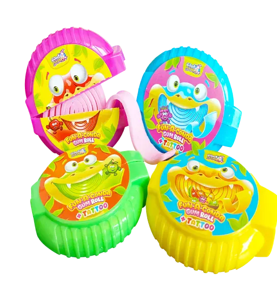 Confezioni colorate di gomme da masticare a forma di animali con rotelle, tra cui un esempio rosa, rosso, verde e giallo.