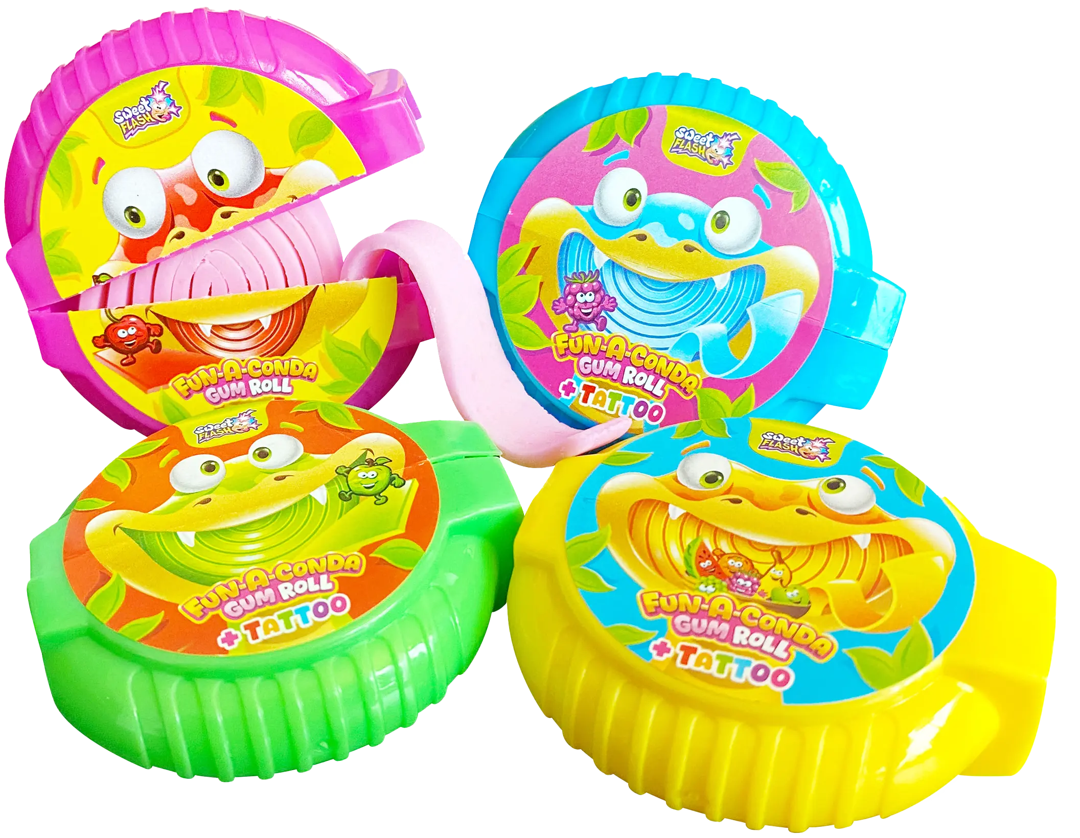 Confezione colorata di "Fun-a-Conda Gum Roll" con allegri motivi di cartoni animati e rotolo di gomma da masticare in rosa, blu, verde e giallo.