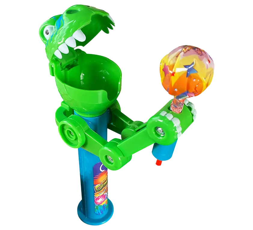 Giocattolo verde a forma di T-Rex con supporto per dolci a forma di lecca-lecca.